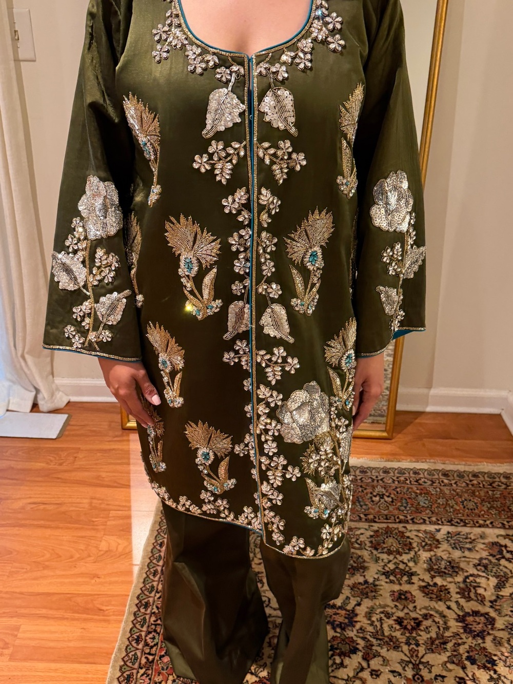 Sana Safinaz Embellished Olive Green 3 piece suit
